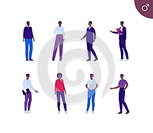 Business male african american ethnic people set. Vector flat person illustration. Group of corporate men in different cloth and