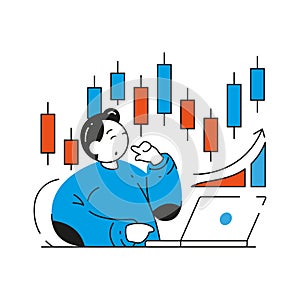 Business male analyzing stock market money trade statistic graph information vector illustration