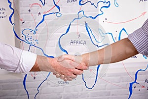 Business male partnership handshake concept.Photo two mans handshaking process.Successful deal after great meeting