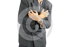 Business man acting heart attack on white