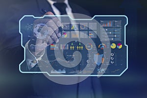 Business man analysis and strategy, big data with AI technology on virtual touch screen. machine learning and deep learning, data