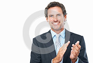 Business man applauding. Portrait of attractive business man applauding on white background.