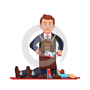 Business man in apron holding bloody butcher knife