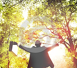 Business Man Arms Oustretched Forest Green Concept