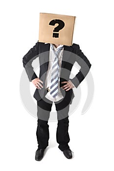 Business man asking for help with cardboard box on his head