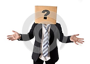 Business man asking for help with cardboard box on his head