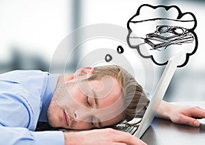Business man asleep at laptop dreaming of holiday against blurry grey office