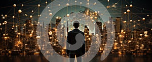 Business Man back with dark color suit looking his network of golden spheres in front of a night skyscrappers city view - AI photo