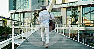 Business man, back and running late on urban bridge for deadline, project and outdoor commute in city, metro path or