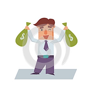 Business Man with Bags of Money Cartoon Character