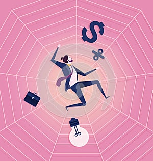 Business man be trapped on cobweb. Business concept Vector