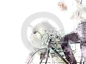 Business man and bicycle walking on street watercolor.