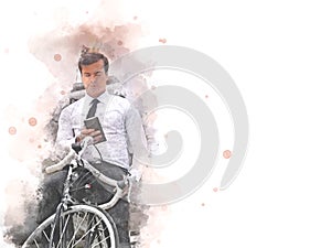 Business man and bicycle walking on street watercolor.