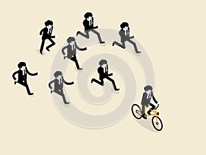 Business man biking bicycle is ahead of the group of business man those are running follow