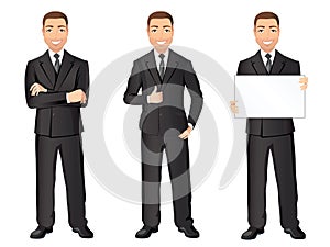 Business man in black suit in different poses. Confident handsome man, full length, dress code.