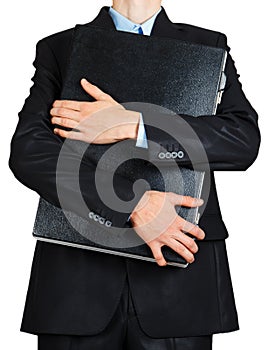 Business man in black suit hand holding briefcase