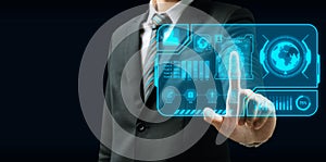 Business man in black suit hand touching virtual screen fingerprint with global media link connecting on dark background