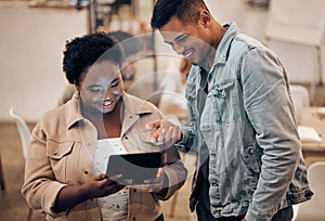 Business, man and black woman with tablet, social media and connection for website, conversation and modern office