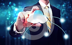 Business man with blue cloud computing concept