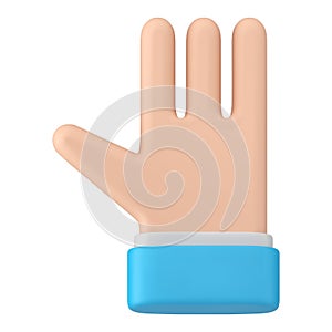 Business man blue suit open palm fingers greeting welcome gesture realistic 3d icon vector