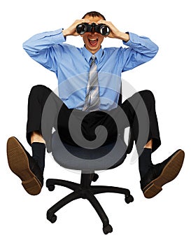 Business man with blue tie with binoculars on the office chair