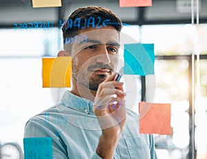 Business man brainstorming on glass, planning schedule and timeline of sticky note ideas. Face, focus and male worker at