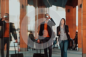 Business man and business woman talking and holding luggage traveling on a business trip, carrying fresh coffee in their