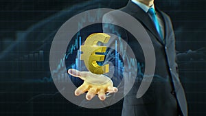 Business man, businessman hold euro icon on hand growth of quotations, currency, exchange grow up concept