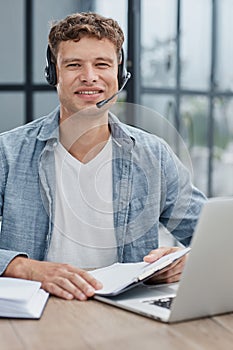 Business man, call center and web support communication at a computer in a office