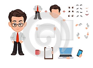 Business man cartoon character creation set, constructor. Cute young businessman in office clothes.