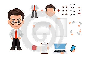 Business man cartoon character creation set, constructor. Cute young businessman in office clothes. photo