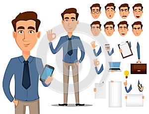 Business man cartoon character creation set. Young handsome smiling businessman in office style clothes