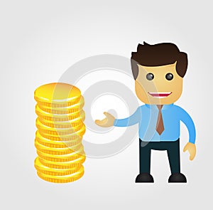 Business man cartoon with stack of gold