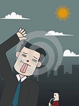 Business man cartoon in town with hot weather.Hot weather with city concept.People heat from weather in urban.