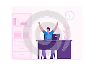 Business Man Celebrating Victory or Successful Deal Sitting at Working Desk with Hands Up Happily Gesturing