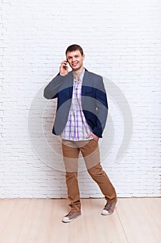 Business Man Cell Phone Call Speak Smartphone, Businessman Standing Over Wall