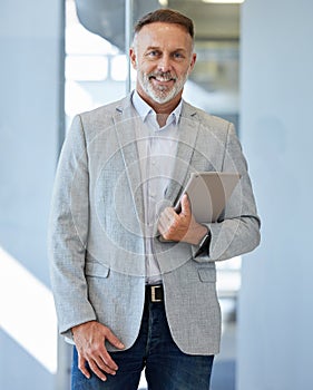 Business man, ceo and portrait with tablet, smile and suit for entrepreneurship, schedule and communication. Mature