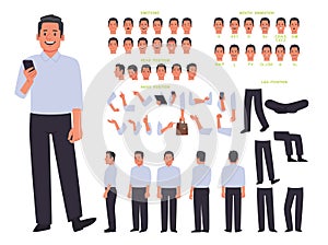 Business man character constructor. Creating an animation of a man, the position of arms and legs, mouth, various emotions. View