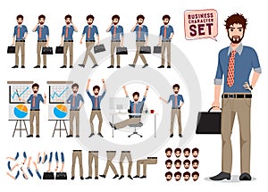 Business man character creation vector set standing and holding briefcase