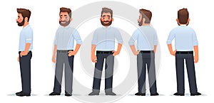 Business man character from different angles. View from the front, side and back. The guy is in a pose. Vector illustration