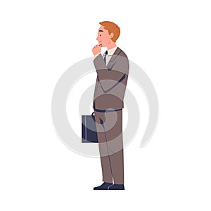 Business Man Character in Formal Suit Standing with Briefcase and Thinking Vector Illustration