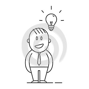 Business man character having an idea. Vector thin line doodle icon illustration with little businessman person with lightbulb.