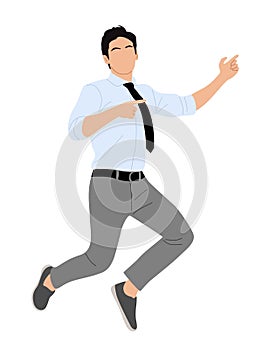 Business man character jumping, pointing to side.