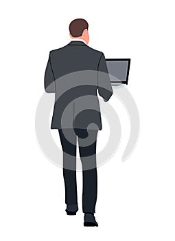 Business man character standing with laptop vector