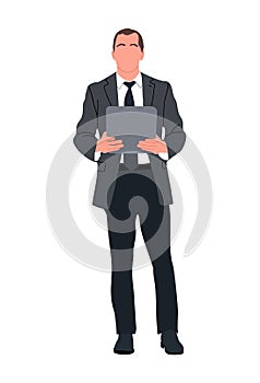 Business man character standing with laptop vector