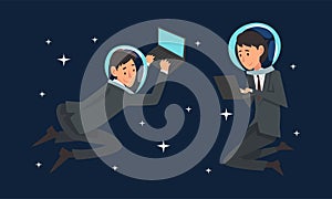 Business Man Character in Suit with Laptop and Astronaut Helmets Flying in Outer Space Among Stars Vector Set