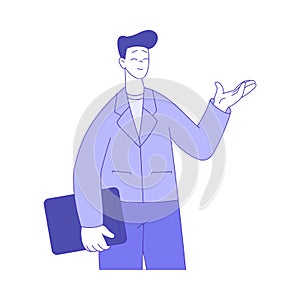 Business Man Character with Tablet Showing Gesture with Hand Vector Illustration