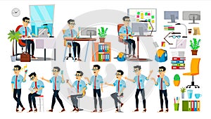 Business Man Character Vector. Working Asian People Set. Office, Creative Studio. Asiatic. Business Situation. Software