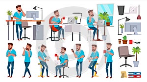 Business Man Character Vector. Working People Set. Office, Creative Studio. Bearded. Full Length. Programmer, Designer