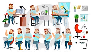 Business Man Character Vector. Working People Set. Office, Creative Studio. Fat, Bearded. Business Situation. Programmer